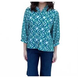 NEW JOY JOY diamond print button up tunic top in emerald / blue